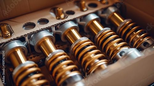 Detailed close up of golden motorcycle shock absorbers with metal coil springs showing high performance suspension parts inside a cardboard box