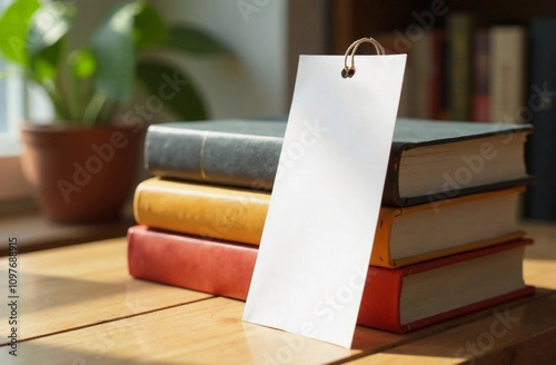 Blank bookmark mockup next to the pile of books, on wooden table at sunny day