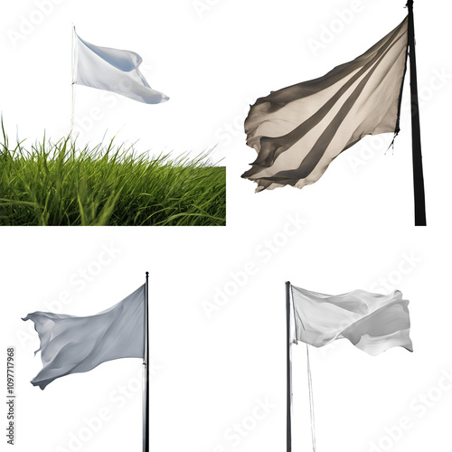 A collection of white flags waving on poles in different natural and isolated settings, symbolizing peace, surrender, or neutrality, perfect for conceptual designs or symbolic themes.