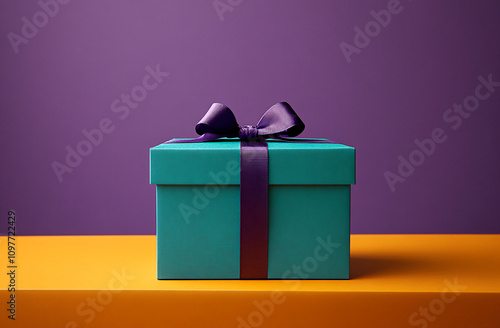 Elegant teal gift box with a dark ribbon against a vibrant purple backdrop and a warm orange surface