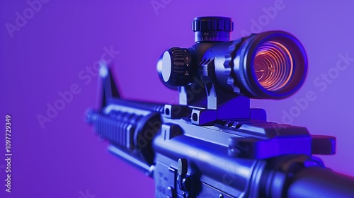 Modern optical collimator sight aiming device for shooting at short distances isolate on a purple background