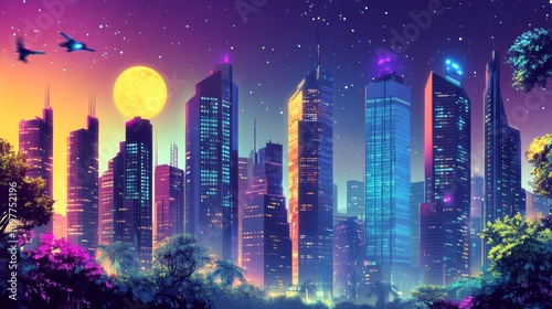 A vibrant cityscape in the year 2100 with advanced skyscrapers, flying vehicles, greenery, and clean energy sources like solar panels and wind turbines, under a clear night sky.