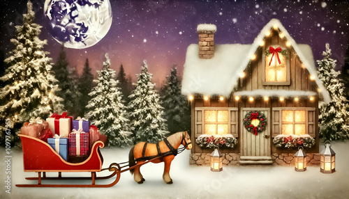 Enchanting Christmas Cottage Under a Full Moon - Festive Log Cabin with a Horse-Drawn Sleigh Filled with Gifts in a Snowy Forest