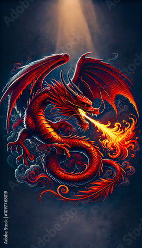 Fierce Red Dragon Breathing Fire - Dynamic Fantasy Art with Majestic Wings and Glowing Flames on a Dark Smoky Background