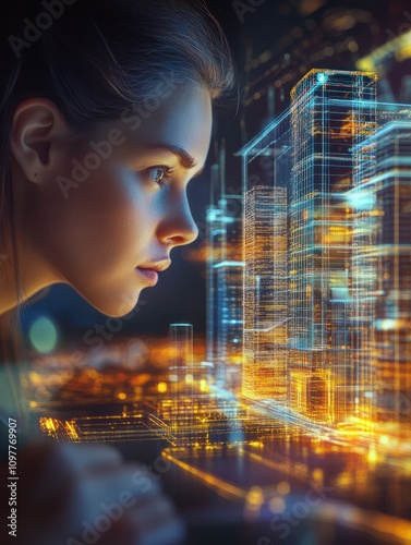 Architect designing city hologram developing digital futuristic urban metaverse project closeup. Smart woman analyze new building holographic image inspecting architectural idea. Digitalisation vr jo