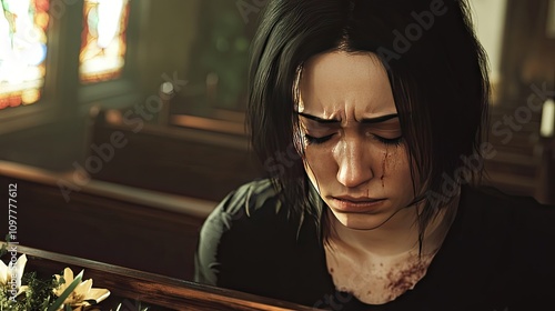 A young woman with dark hair, visibly distressed, sits in a church pew, tears streaming down her face amidst a somber setting.