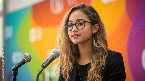 Young Woman Engaging in Technology Discussion at Conference Event