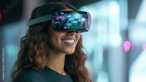 Smiling Woman Testing Augmented Reality Technology with VR Headset