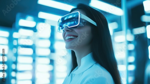 Smiling Woman Testing Augmented Reality Technology in Bright Space