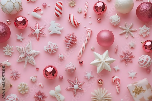 The image is a flat lay of various Christmas ornaments scattered on a pink background. There are various types of baubles, candy canes, and snowflakes in different sizes and colors. Some of the baubs 