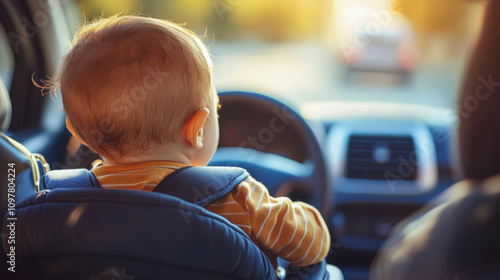 A baby is safely strapped in a car seat facing the back of the car.