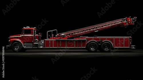 Rescue ladder fire truck with elevated cab and extended ladder, photographed on a black background