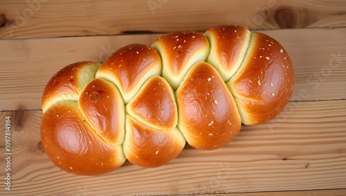 Braided challah bread on a wooden table