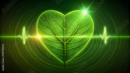 vibrant green heart shaped leaf symbolizes life and vitality, merging nature with heartbeat line, representing health and harmony