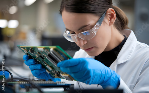 Woman Scientist Examining Circuit Board with Intense Focus 