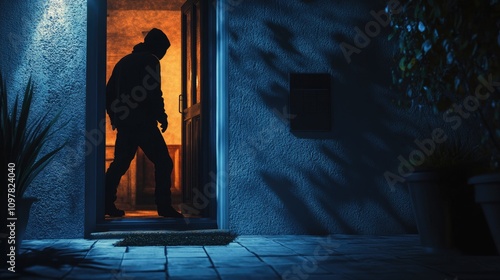 A hooded figure of unknown ethnicity walks stealthily through a dimly lit doorway at night.