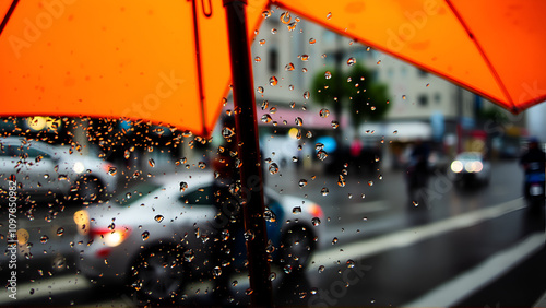 A vivid close-up of a rain-splattered orange umbrella highlights the dreariness of a rainy day with blurred city life behind