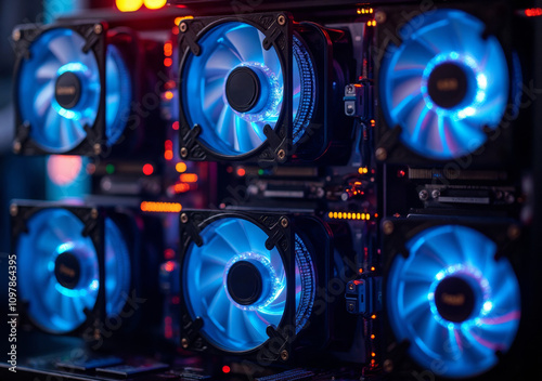 Computer cooling system with blue LED fans in operation at night.