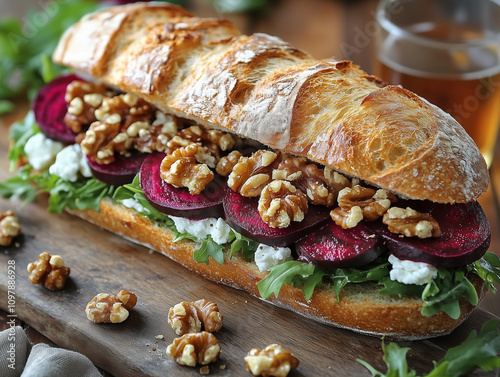 Winter Harvest Vegetable Baguette, Roasted beetroot, caramelized walnuts, goat cheese, and rocket in a rustic baguette. Vegetarian, Loaded with antioxidants and healthy fats