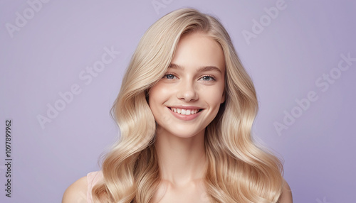 Blonde Hair Care Banner - Smiling Woman Illustration on Pastel Lavender Background for Beauty Templates.