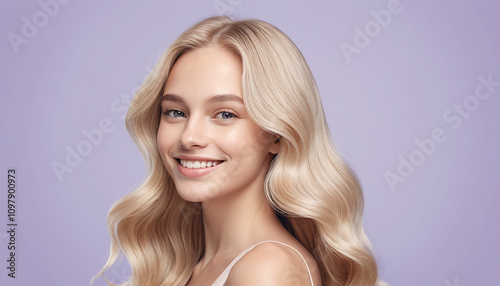 Blonde Hair Care Banner - Smiling Woman Illustration on Pastel Lavender Background for Beauty Templates.