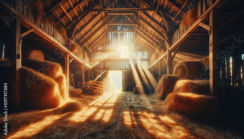 Old barn with hay and straw through the walls of which the sun's rays enter