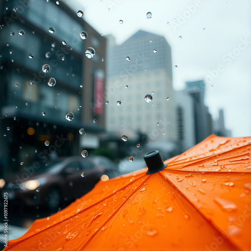 A vivid close-up of a rain-splattered orange umbrella highlights the dreariness of a rainy day with blurred city life behind