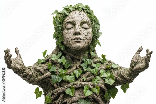 Serene stone woman, entwined with ivy, peaceful pose.