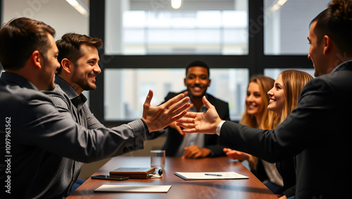 friend team meeting show hand concede meeting