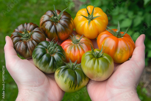 Hands Holding Colorful Heirloom Tomatoes in a Garden - Fresh Organic Produce