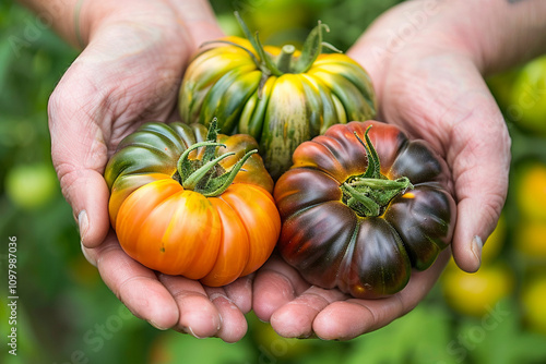 Hands Holding Colorful Heirloom Tomatoes in a Garden - Fresh Organic Produce