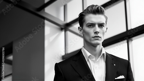 A black and white photo of a model in a tailored suit, exuding power and androgyny.