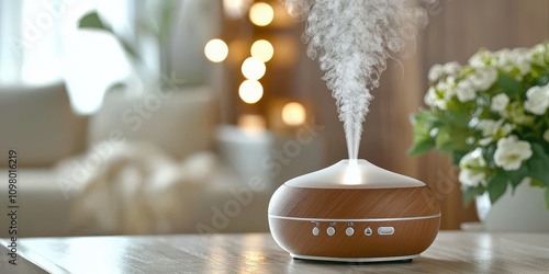 A stylish aroma diffuser releases mist, enhancing relaxation in a cozy, well-lit room with decorative plants.