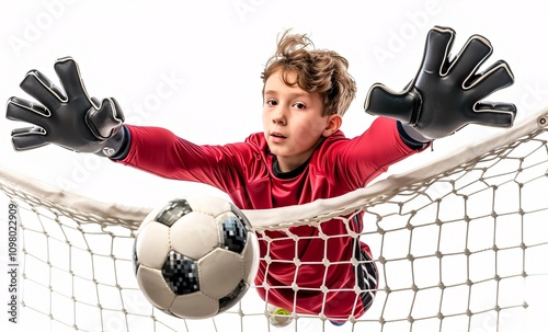 Skilled goalkeeper catching the ball while defending a football goal, isolated against a white background.