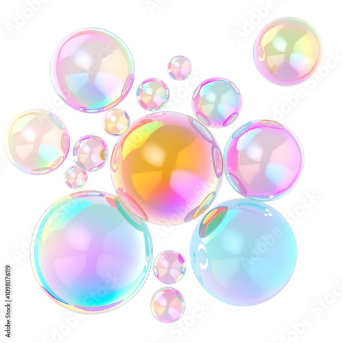 Vibrant, colorful liquid bubbles with iridescent surfaces isolated on white background