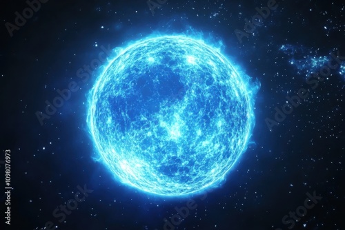 A blue super moon, radiating with a blue halo, stands alone on a black background.