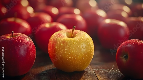 On a wooden table, a single golden apple gleams brightly among a pile of red apples, the sharp lighting emphasizing its uniqueness