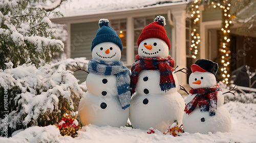  Snowman family in a snowy backyard, dressed in scarves and hats1