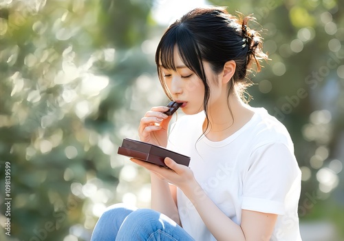 Beautiful Asian girl eating chocolate outdoors