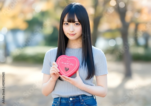 Beautiful Asian woman holding a box of chocolates outdoors