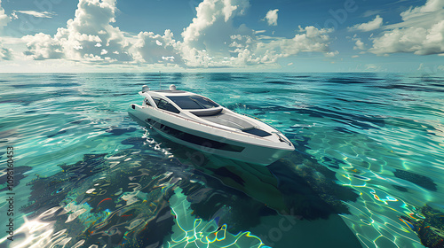 A modern yacht with sleek, aerodynamic design, cruising through crystal clear waters 