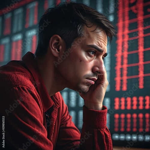 A person looking worried at a market crash, surrounded by red numbers