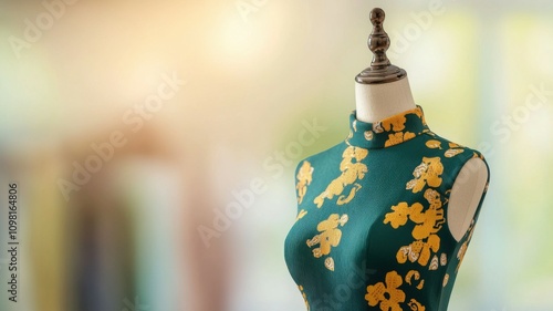 Elegant dress form showcasing a floral design in a stylish, bright environment.