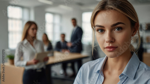 Contratación laboral con una hermosa mujer llegando a la oficina 