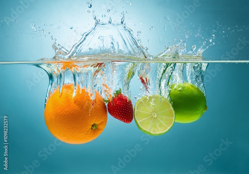 A vibrant mix of fresh fruits—an orange, strawberry, and lime—falling into clear water, captured at the moment of impact.