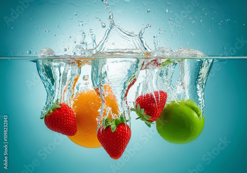 A vibrant mix of fresh fruits—an orange, strawberry, and lime—falling into clear water, captured at the moment of impact.