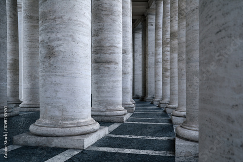 Fragment of massive doric colonnade four columns deep installed along curve, Vatican, Rome, Italy