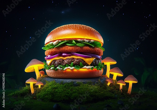 A magical portrait of a gourmet hamburger, its layers glowing softly under a starlit night sky.