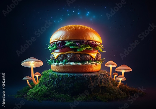 A magical portrait of a gourmet hamburger, its layers glowing softly under a starlit night sky.