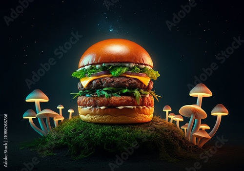 A magical portrait of a gourmet hamburger, its layers glowing softly under a starlit night sky.